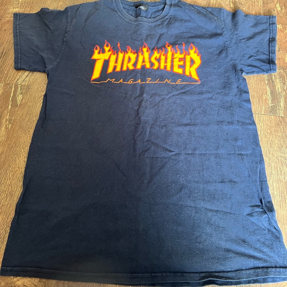 Thrasher Men's Dark Blue Tee with Fiery Logo
